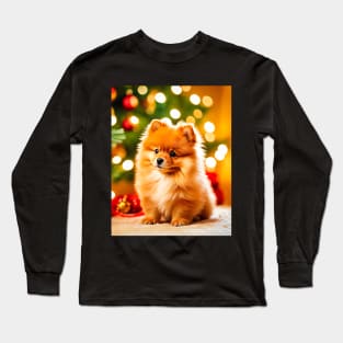 Cute Pomeranian Puppy Dog at Christmas Long Sleeve T-Shirt